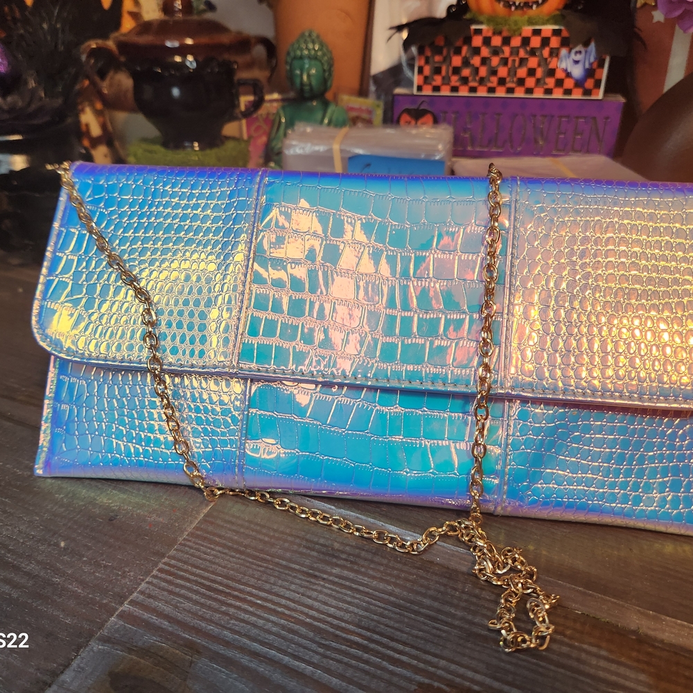 Holographic Blue Clutch Bag W/ Gold Body Chain Never Used Brand New